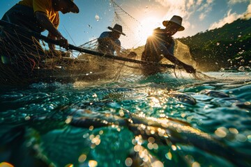 Fishermen at work, Figures work the water, bathed in sunset glow, with nets that weave a story tradition survival. Sea and sky meld in a splash sun-kissed droplets, canvas effort nature’s grace.