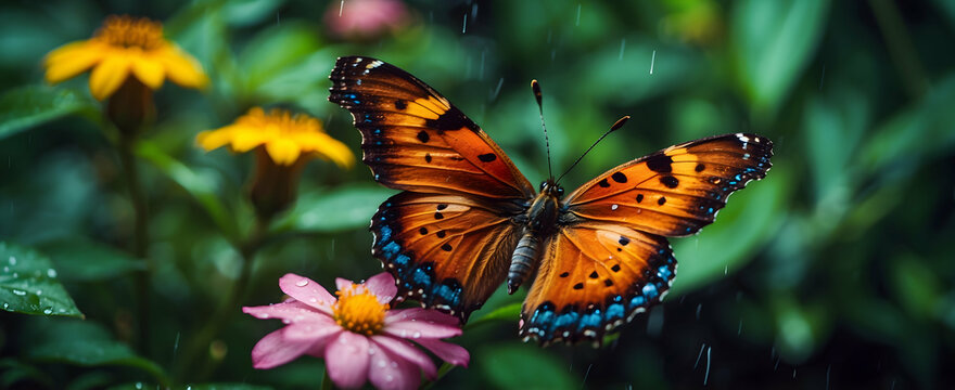 Monsoon Menagerie: A Diverse Tapestry of Life in the Rain, Close-up on Butterfly and Wet Flower - Adobe Stock Concept