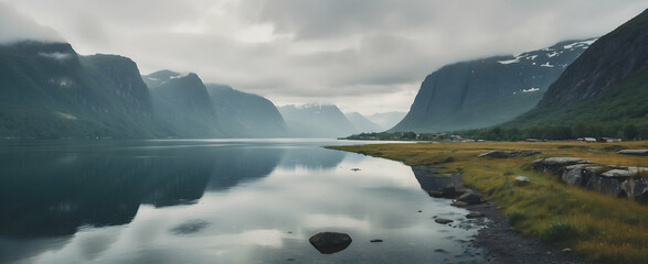 Norwegian Fjords in Drizzle: Majestic Scenery of Enveloped Beauty in Nordic Rain Season - obrazy, fototapety, plakaty