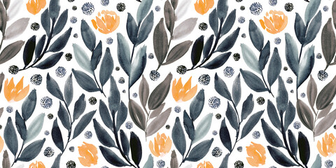 Watercolor floral in peach orange, grey and brown. Seamless pattern.  - 790948129