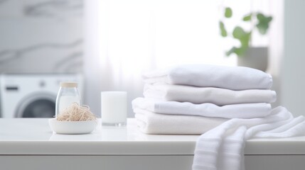 White clean towels on wooden table in bathroom. Spa