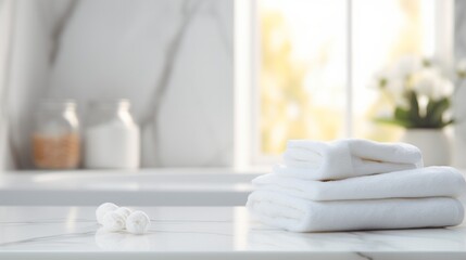 White clean towels on wooden table in bathroom. Spa