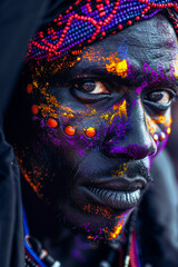 Portrait of African tribal chief in typical African orange and purple face paint, Generative AI
