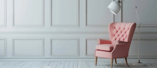 Armchair in pink classical style situated in a vintage room alongside a desk lamp. - obrazy, fototapety, plakaty