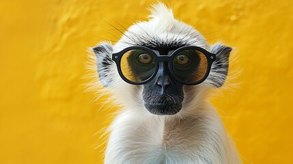 Chic white monkey hosting an avant garde art exhibit merging high fashion with contemporary art