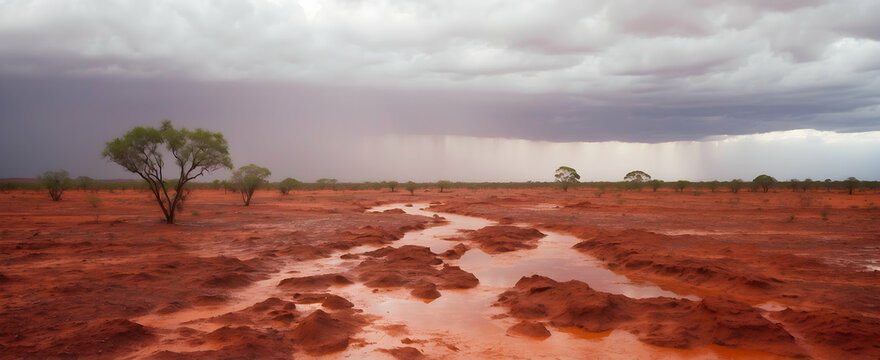 Transformed Outback: From Red Desert to Lush Oasis in Australia's Rainy Season - Stock Photo Concept