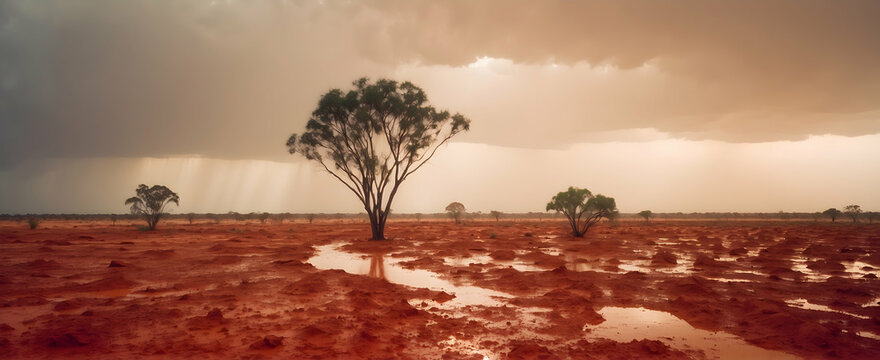 Transformative Rain in the Australian Outback: From Red Desert to Lush Oasis - Rain Season Photo Stock Concept