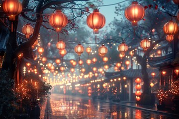 Night, Chang'an Street in the Tang Dynasty, lively lantern party, lanterns, lantern party, overhead composition,