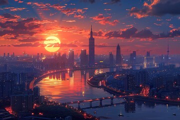 panoramic view of a city Beijing skyline at sunset in Holographic Zen style,