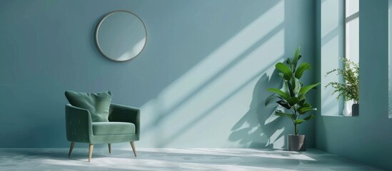 Living room interior featuring a green armchair placed against a blue wall, with a round mirror,...