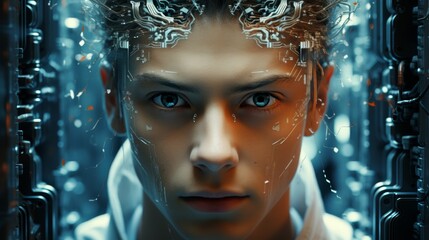 Portrait of a young male with blue eyes and dark hair, wearing a white shirt. He has a futuristic glowing circuit board pattern on his head and face.