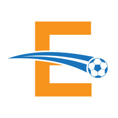 Football Logo On Letter E Concept With Moving Football Symbol. Soccer Sign
