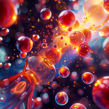 Conceptual thermodynamics illustration, 3D vector showing molecules in motion, energy transfer and heat dynamics in a visually engaging style