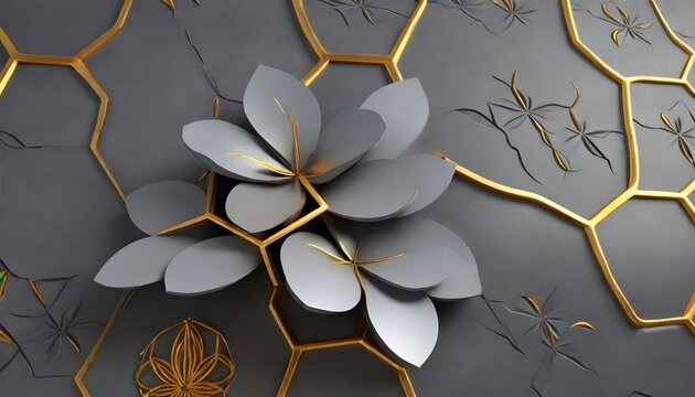 3d wallpaper in the form of geometric panels of gray with golden decorative scuffs with flower of life with realistic seamless texture of high quality