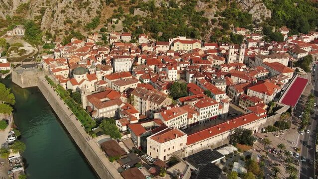 Aerial around view of Kotor old city in Bay of Kotor, Boka Kotorska, Montenegro, 4k