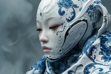 robot with chinese porcelain texture, hyper realistic, humanity looks like, blue and white color,