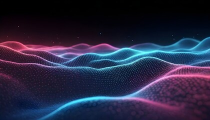 Abstract digital landscape with flowing particles. Cyber or technology background. Abstract dots. Digital particles floating wave form in the abyss abstract cyber technology de-focus background