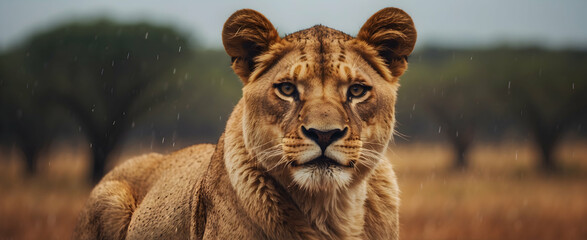 Safari Storm: A Majestic Lioness in the Kenyan Savanna, Her Coat Speckled with Rain, Embodying the Wild Spirit of Africa - Close-up on Rain Season Photography - obrazy, fototapety, plakaty