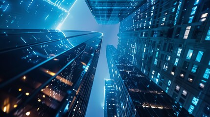 A dynamic shot of a skyscraper with pulsating LED lights, showcasing the futuristic architecture and technological innovation of modern cities.
