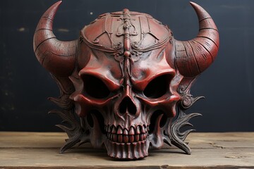 A highly detailed render of a red skull with horns.