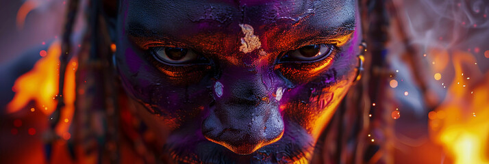 Portrait of African tribal chief in typical African orange and purple face paint, Generative AI