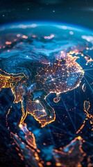 Digital globe pulsing with data streams focusing on South East Asia as a hub of futuristic cyber trade and connectivity