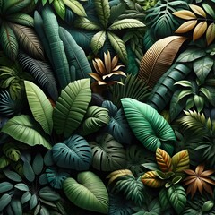 Vibrant Assortment of Tropical Leaves in Various Shades of Green and Brown