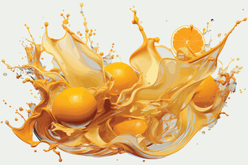  juice splash with peaches on white background. Horizontal pattern splashes and fruit. The right and left sides of the illustration seamlessly fit together. Realistic vector illustration.