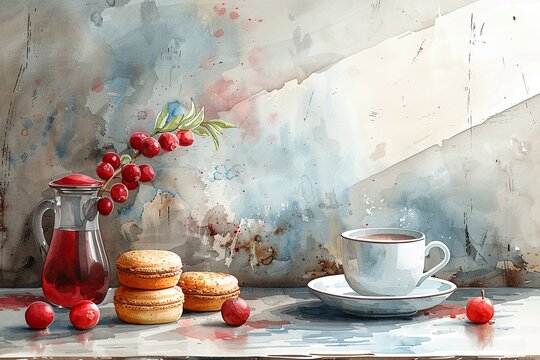 Tea with small cakes and teapot with copy space digital art, water color style