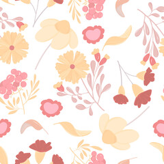 Seamless pattern with flowers and leaves. Floral fun pattern. Fun background with floral illustration in bright colors. Design for wrapping paper, packing, greetings, bedding.