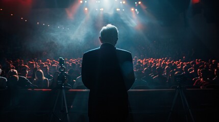 Elder statesman giving a charismatic speech under the spotlight inspiring a crowd with wisdom and experience - obrazy, fototapety, plakaty