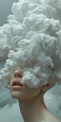 Ethereal Dreamscape with Clouds Adorning a Woman's Head