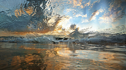 Rippling waves distort the shimmering reflection of the sky