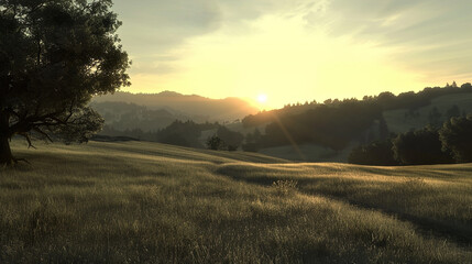 Shadows elongate as the sun sets behind the distant hills - obrazy, fototapety, plakaty