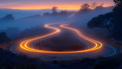 Twilight Serenade: A Symphony of Light Trails on a Misty Road. Concept Photography, Light Trails, Twilight, Misty Road, Serenade