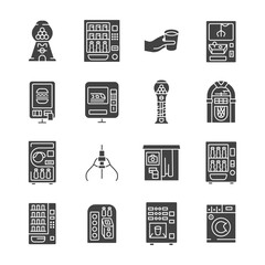 Vending machine glyph icon. Vector collection with gumball machine, toy machine, self-service ticket machine, digital payment kiosk, jukebox, photo both.  - 790951748