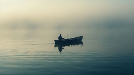 A fisherman navigating through misty morning fog, his boat slicing through calm waters.