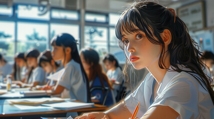high school students taking English test at school, realistic, anime