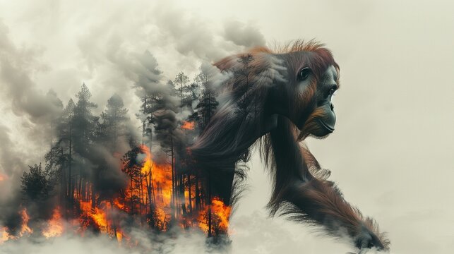 Double exposure of a Bornean orangutan symbolizing global warming impact. AI generated