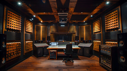 Recording studio with soundproof walls and professional equipment, illustrating the production process


