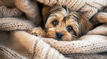 A fluffy puppy snuggled up in a cozy blanket, its peaceful expression a soothing sight to behold.