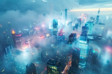 A high-rise view of the city with visible layers of PM 2.5 pollution, Nightfall descends on a city aglow, buildings and streets shrouded in fog, creating a scene of urban mystery. - obrazy, fototapety, plakaty