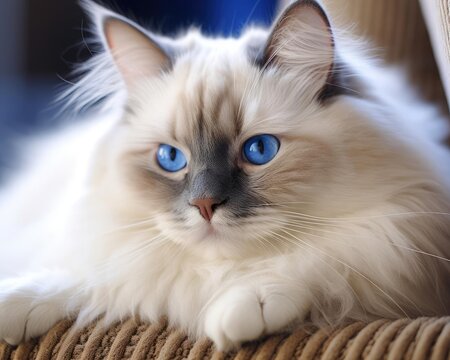 Detailed shot focusing on the deep, sapphire blue eyes of a Ragdoll cat, framed by its luxurious fur, illustrating the breeds distinctive and mesmerizing eye color