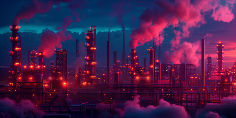 Night factory concept poster background. Night plant with pipes and towers with lights. Oil refineries and the petroleum industry. Heavy industry. Raster digital illustration photo style. AI artwork. - obrazy, fototapety, plakaty