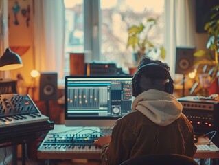 A man is sitting at a desk with a computer monitor and headphones on. He is working on music production - obrazy, fototapety, plakaty