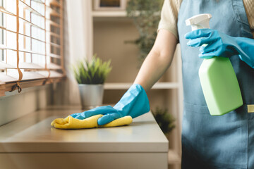 Housekeeper doing chores concept, Close-Up view of housemaid cleaning furniture surface with sanitizer spray and wiping with wet cloth in living room. - obrazy, fototapety, plakaty