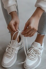 A woman in stylish sneakers ties her shoelaces, close-up. generative ai