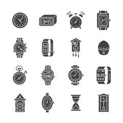 Clock glyph icon set. Time measuring symbol vector collection with clock, wrist watch, hourglass, Cuckoo-clock, smart watch, stopwatch, kitchen timer.