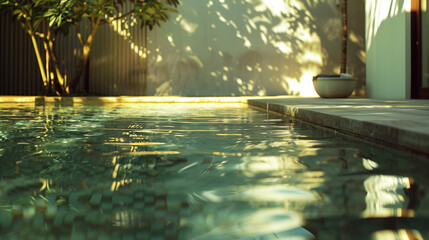 Sunlight dapples the pool's surface with a golden hue