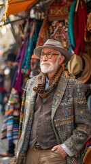 Obraz premium Fashionable grandfather at a vibrant street market giving style advice to young shoppers